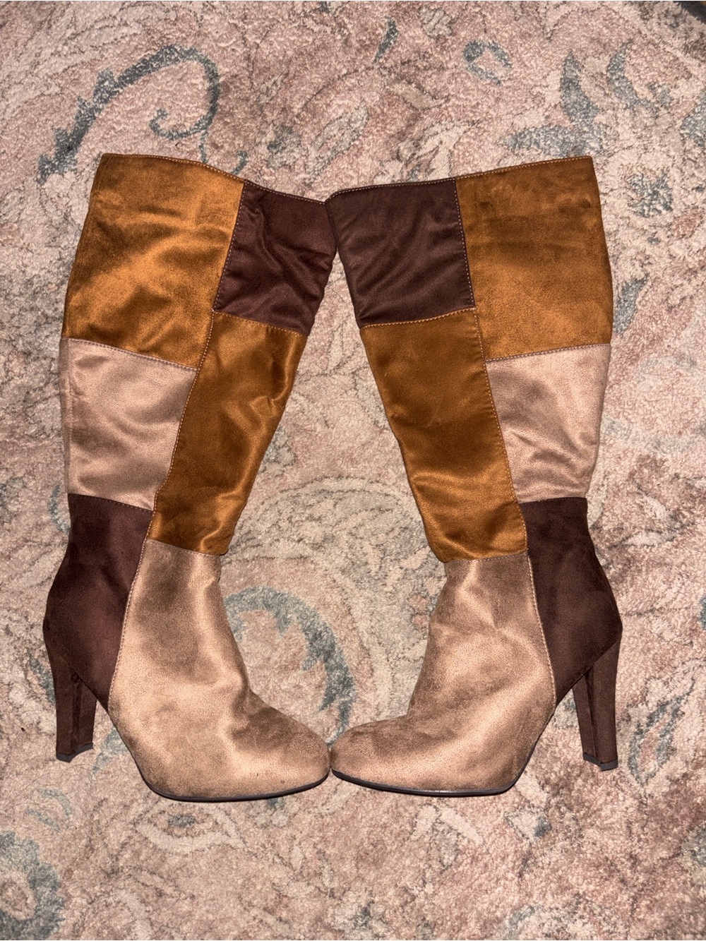 Cato Patchwork Knee-High Heeled Boots in Brown and Tan